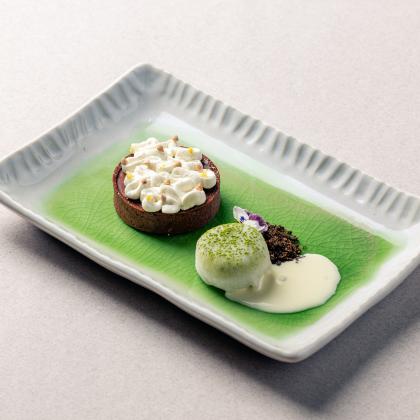 Matcha Ganache Mochi, Black Tea Crumble with Milk Yuzu & Lemongrass Sauce